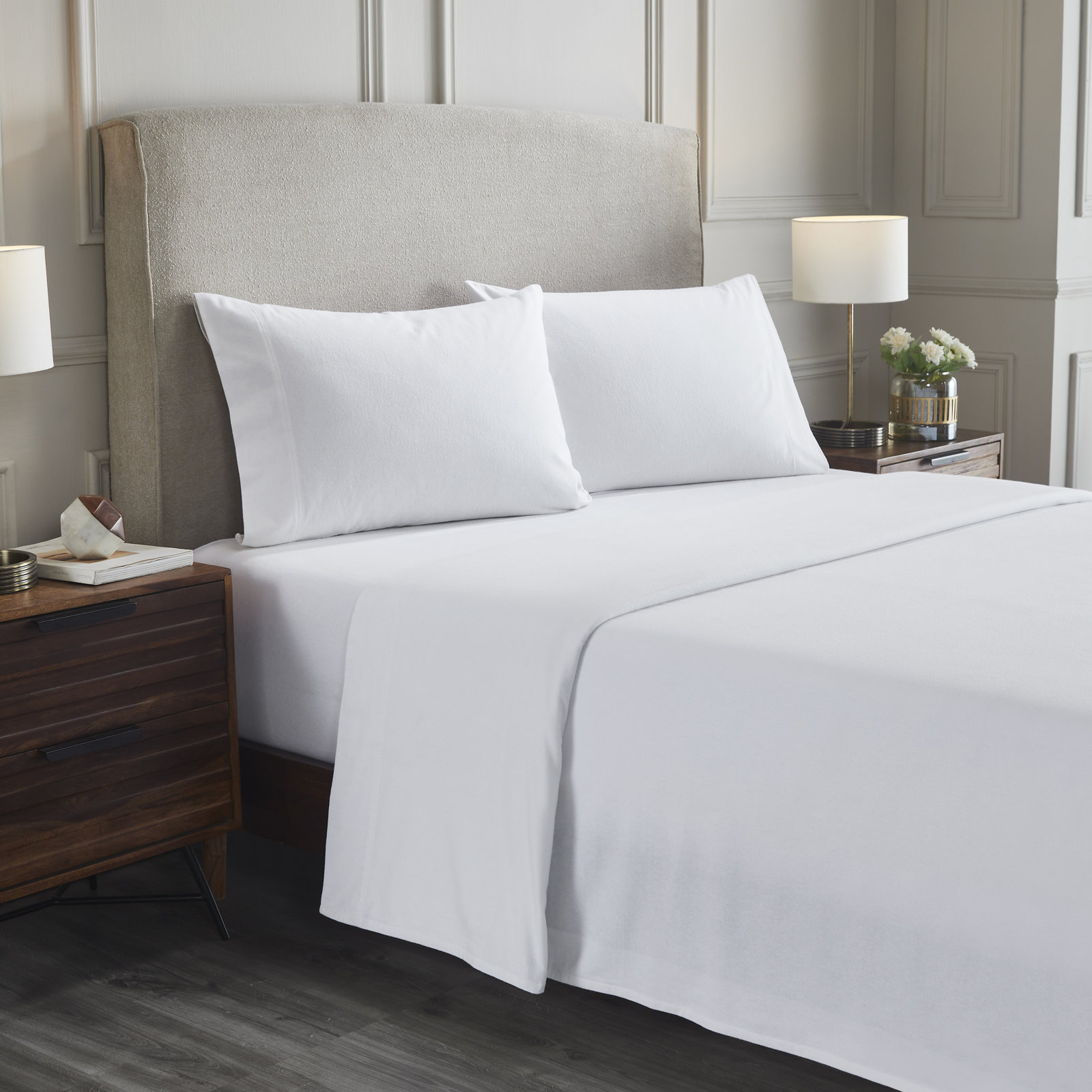 Rome 100% Flannel Cotton Solid Fuzzy Warm Deep Pocket Sheet Set, White, Full Sheet Set with 2 Pillowcases