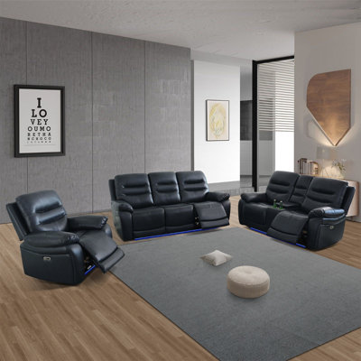 Royace 3-Piece Breathing Leather Living Room Power Recliner Sofa Set