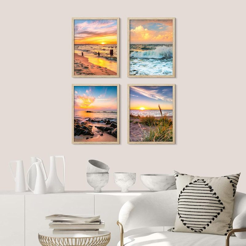 Encadrement pastel coucher de soleil nautique océan plage, ensemble de 4 impressions murales colorées de paysage encadrées sur papier, impression de 4 pièces