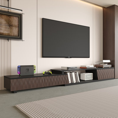 Mid-century Modern 71''-110'' Extendable TV Stand for TVs with Storage Drawers and Open Shelf