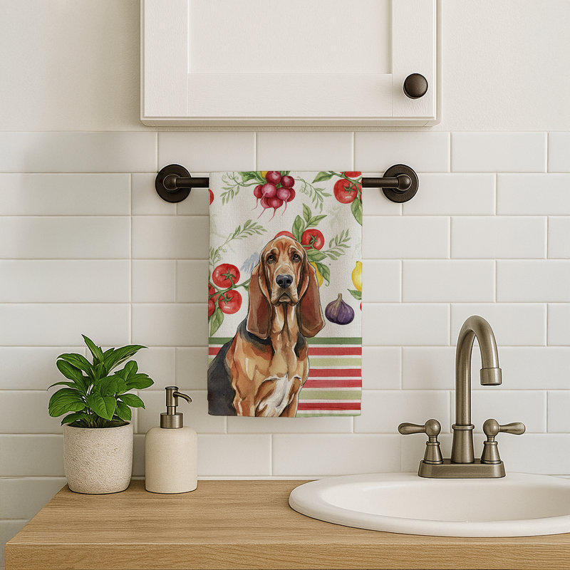 Liver and Tan Bloodhound Vegetables Kitchen Towel, Liver/Tan Bloodhound