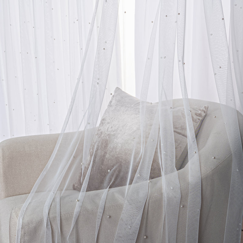 Pearl Beaded Tulle Overlay Room Darkening Grommet Curtains (Set Of 2), 52" W x 96" L , White