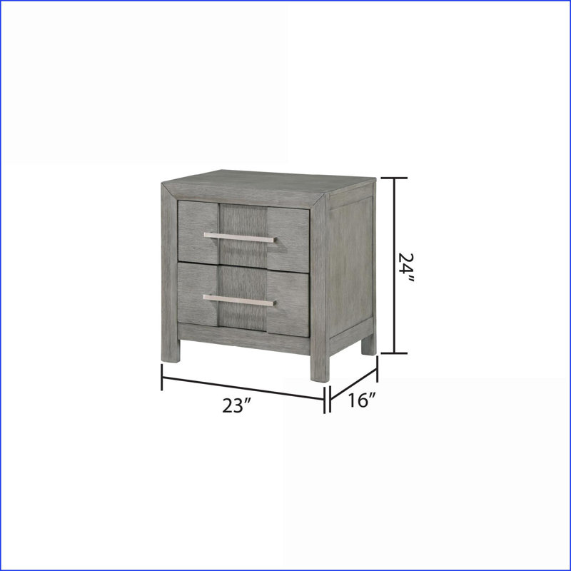 Table de chevet 2 tiroirs moderne gris avec poignées en métal argenté, Gris