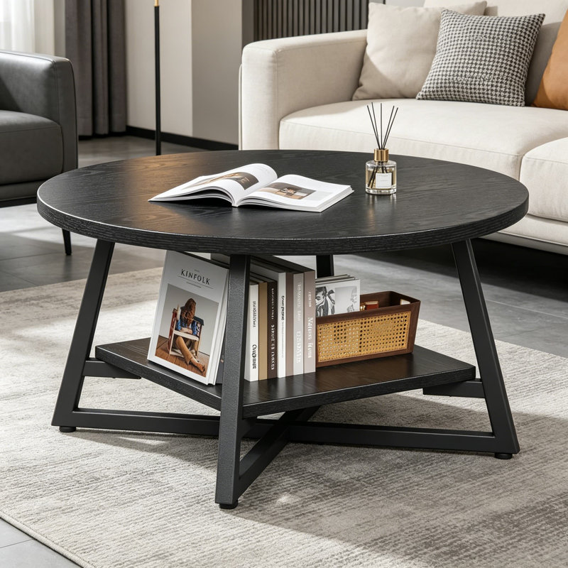 Table basse ronde pour le salon, petite table basse circulaire avec rangement, table centrale moderne en bois pour le bureau personnel, noir