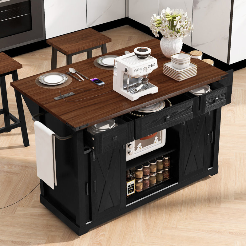 Lunara Kitchen Island with Drop Leaf, 4 Doors, 3 Drawers, and Adjustable Shelves, Black