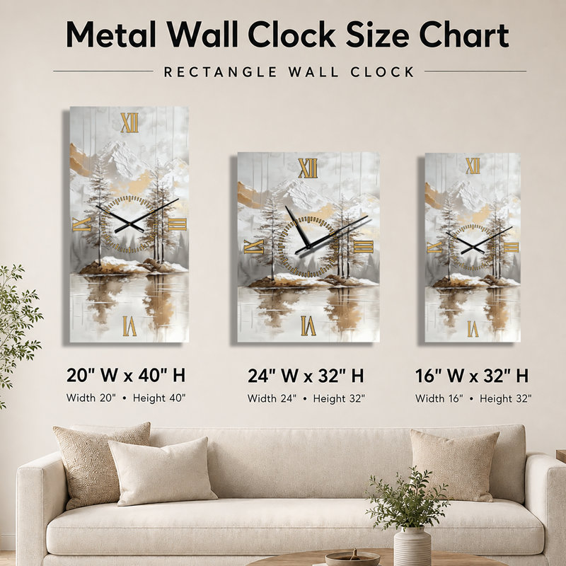 Glacier Reflection Pines I - Grande horloge murale en métal pour cabane, H 32 po x l 24 po - Rectangle