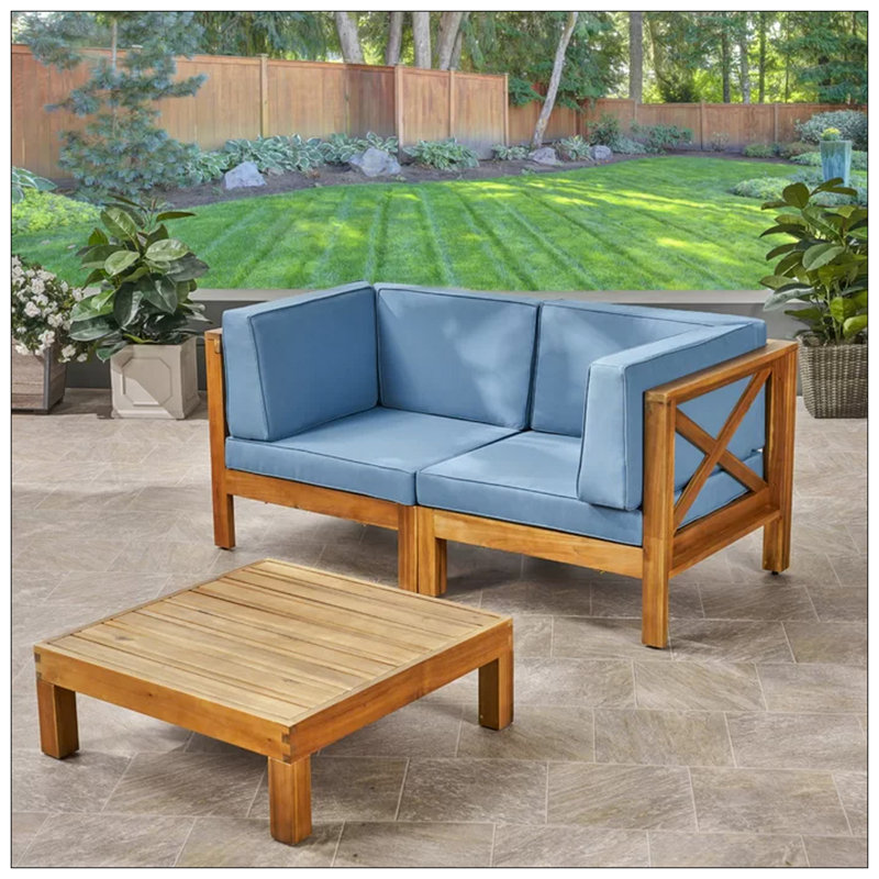 Causeuse modulaire à 2 places X-Back avec table basse, coussins d'extérieur résistants aux intempéries et structure en bois d'acacia durable
