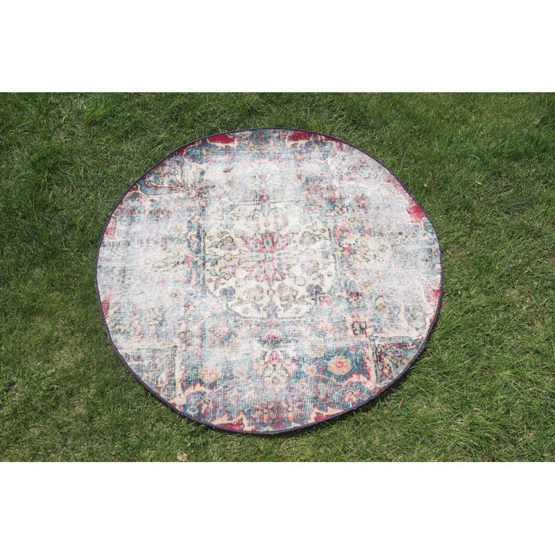 Tapis rond rétro vintage en oushak turc pour tapis d'entrée ou de porte - design authentique Anatolian