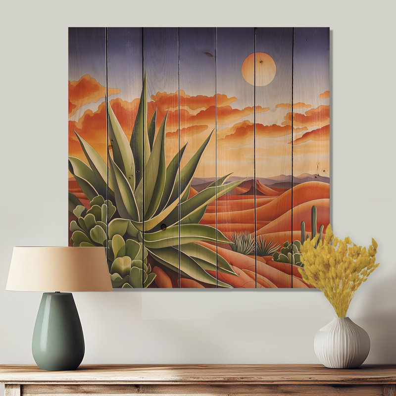 Cactus mexicain, paysage III - impression traditionnelle sur bois vert sur bois de pin naturel, H 30 po x l 30 po