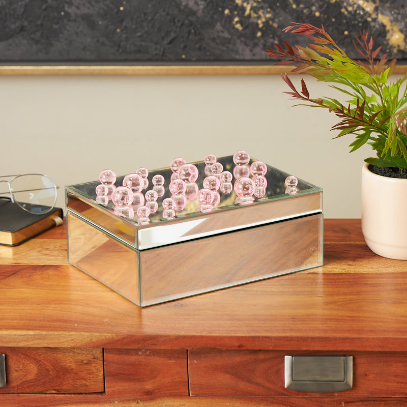 Cole And Glass Mirrored Decorative Jewellery Box With Pink Bubble Textured Balls