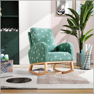Chaise berçante moderne de 26,8 po pour chambre de bébé, fauteuil berçant d'appoint Mid-Century avec poche latérale, chaise berçante rembourrée en bois à haut dossier pour le salon