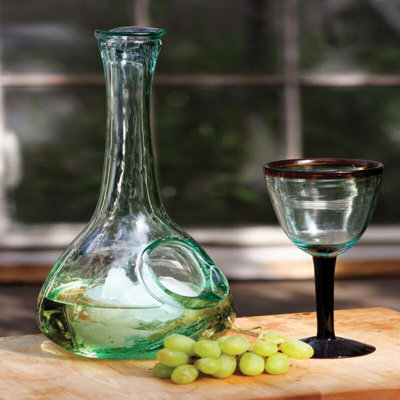  Carafe à vin en verre recyclé avec poche à glace latérale H 16 po, design transparent soufflé à la main (ensemble de 2)