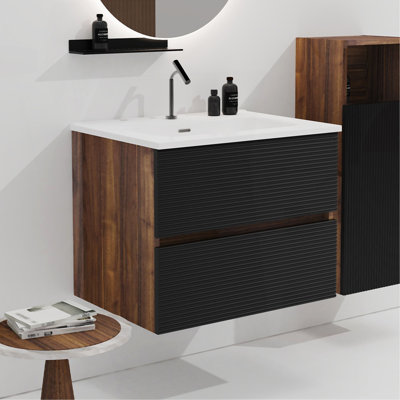 Gloria 24" Wall Mounted Soft Black & Walnut Bathroom Vanity With Integrated Ceramic Sink With Overflow, Large Storage Floating Bathroom Vanity For Modern Bathroom, KD