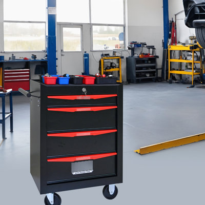 Coffre à outils roulant en métal avec 4 tiroirs - Glissières à roulement d'armoire de 20 po, organisateur de boîte de rangement en acier noir et rouge, roues universelles, serrure à clé, boîte à haute résistance à l'usure, acier, pièce supplémentaire pivotante