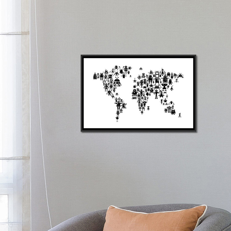 " Black & White Robots " by Michael Tompsett, 18" H x 26" W x 1.5" D, Black Framed Canvas, No Mat