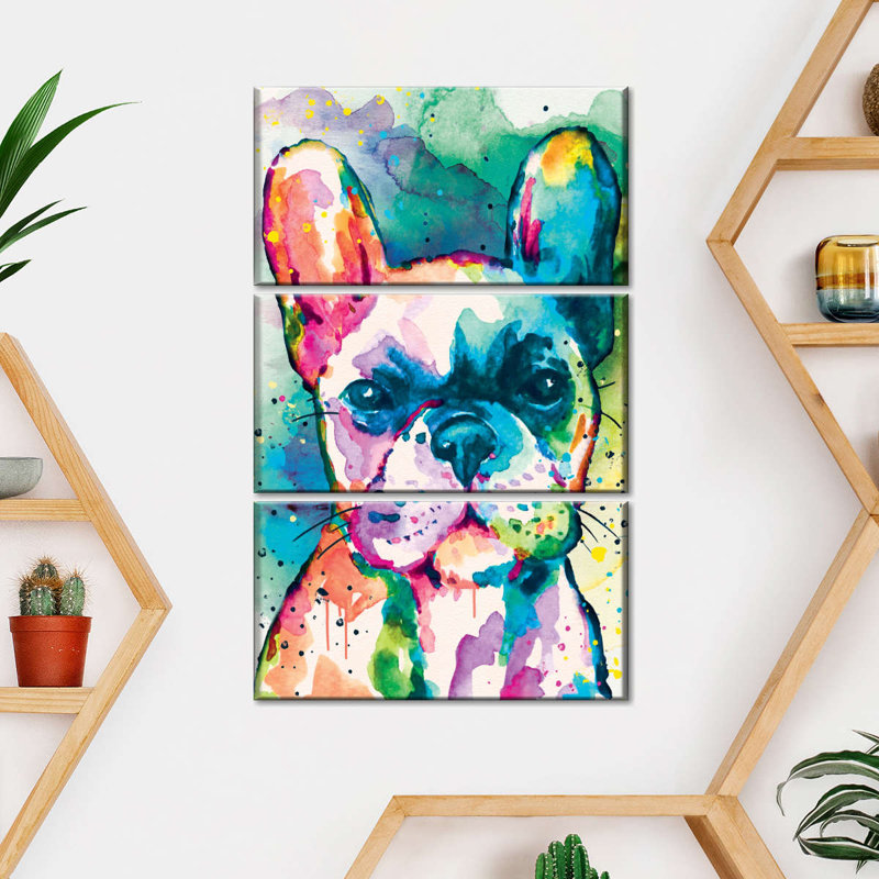 Bouledogue français, peinture, éclaboussures, 3 pièces, H 38 po x l 24 po x P 1,25 po