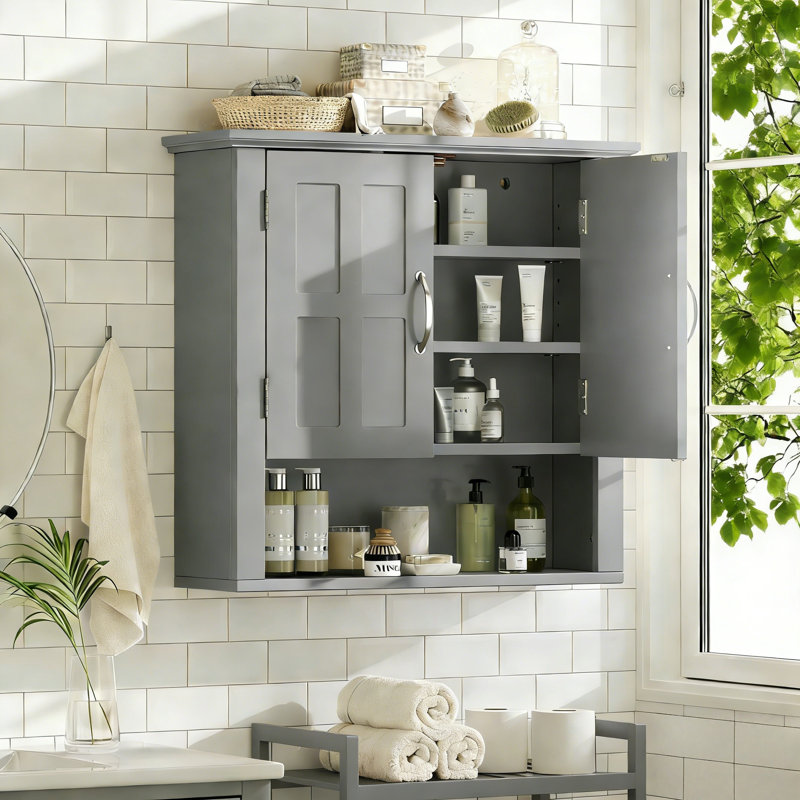 Armoire à pharmacie murale de salle de bain avec tablettes réglables, Gris