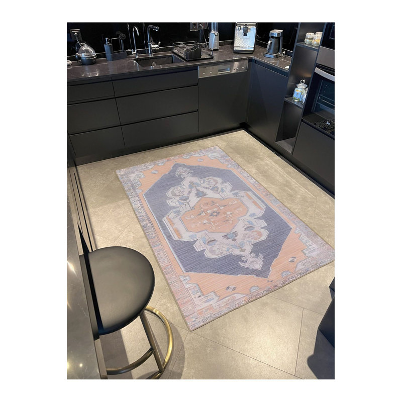 Tapis rose et bleu à motif géométrique tissé lavable à la machine, Sous-tapis rectangulaire 2 pi 6 po x 4 pi 11 po