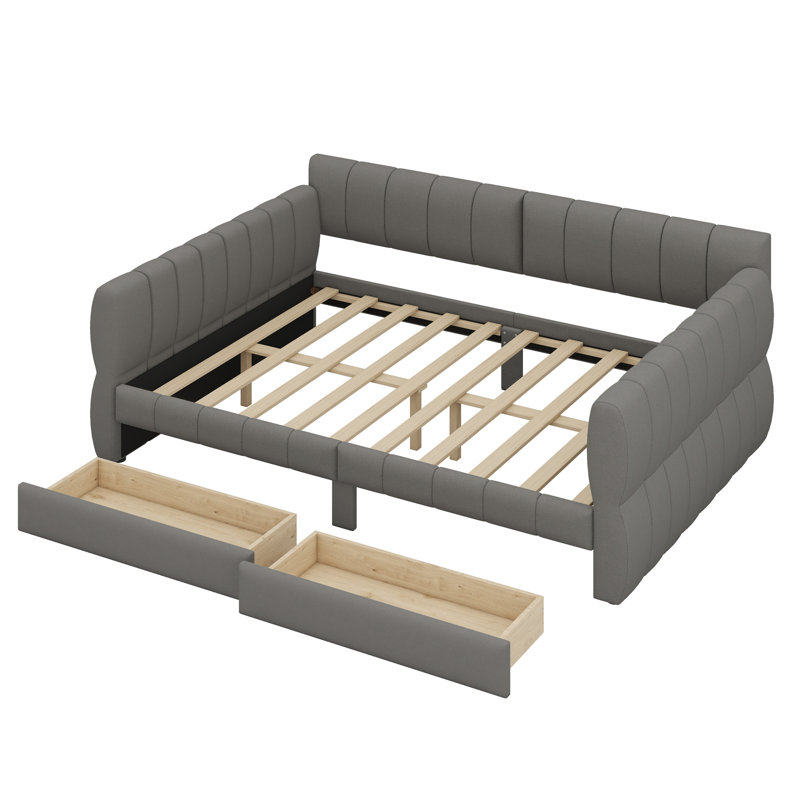Upholstered Platform Bed With USB And 2 Drawers, Gray