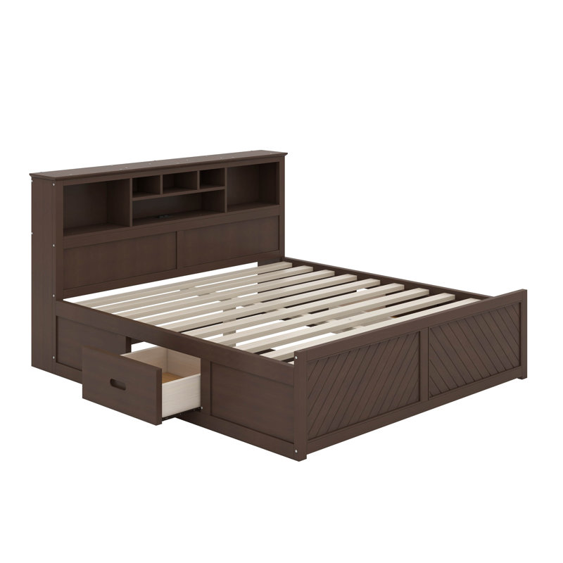 Très grand lit avec tête de lit, USB et tiroirs, Bois antique