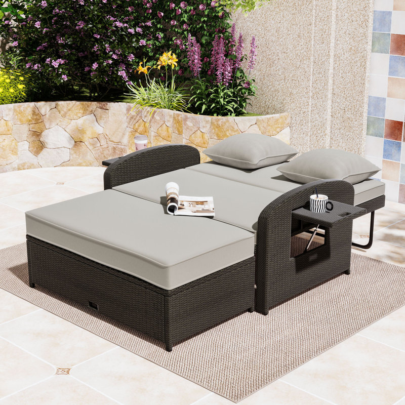 Outdoor PE Rattan Double Chaise Lounge with Cushions and Adjustable Back, Gray, Gray