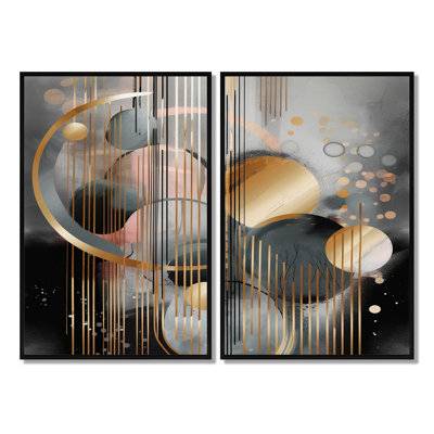 Abstrait formes et lignes III - art mural moderne doré 2 pièces