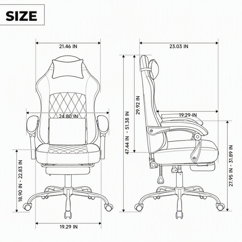 Fauteuil de jeu ergonomique avec support lombaire massant et appui-tête réglable, Noir, Noir