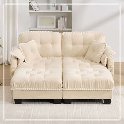 Chenille Cloud U-Shaped Loveseat Sofa with 4 Pillows, Movable Ottoman Pom-Pom Trim Quilted Tufted Cushion Ergonomic Design, Easy Assembly Deep Seat Co