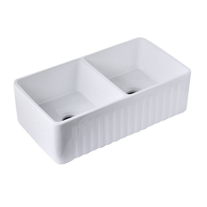 Évier de cuisine à double cuve campagne l 33" x l 18" avec filtre à panier en argile réfractaire
