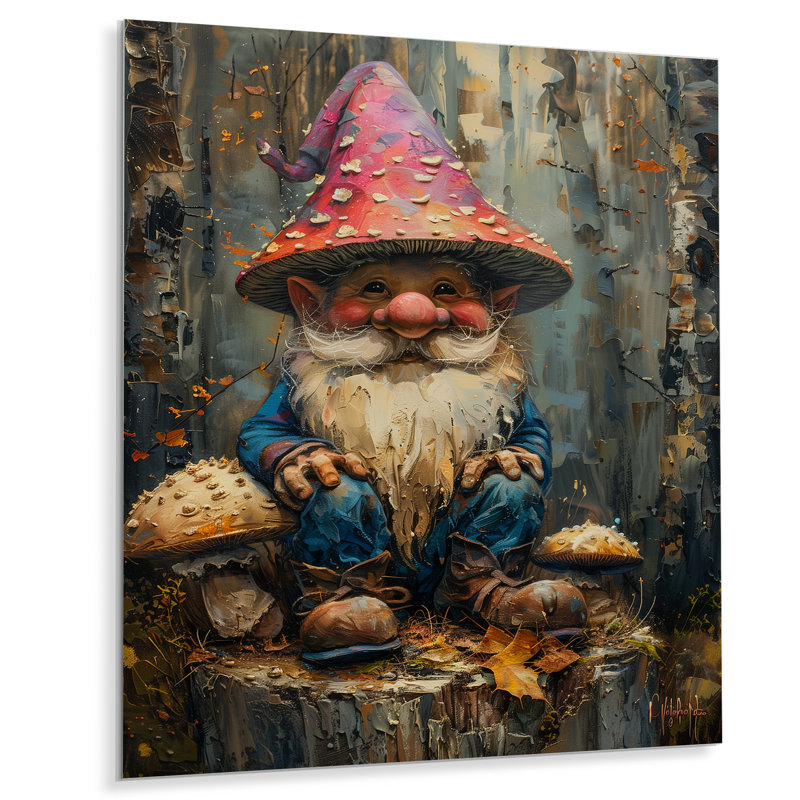 Ami fongique rouge, bleu et gnome - art mural gnome, Sans cadre, métal, H 34 po x l 44 po