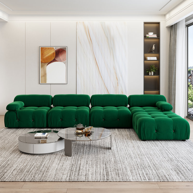  Canapé modulaire réversible en velours de 138,6 po avec repose-pieds Cylar, Velours vert