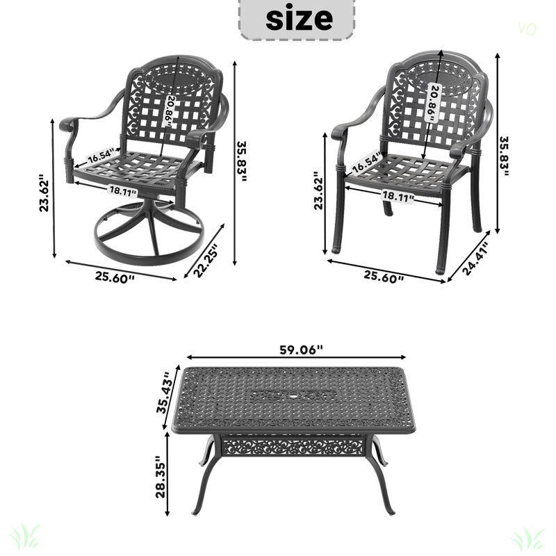 L'ensemble de salle à manger toutes saisons en fonte d'aluminium comprend 2 chaises pivotantes, des chaises et une table rectangulaire