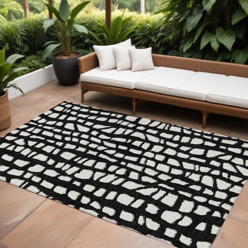 Tapis extérieur lavable abstrait noir et ivoire 8 pi x 10 pi