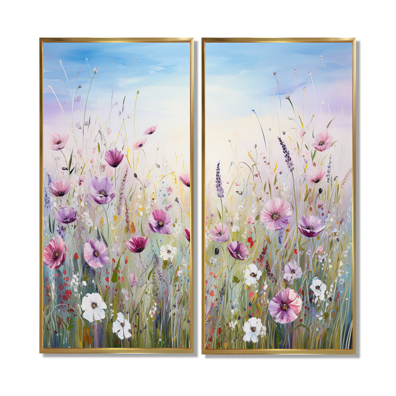 Fleurs sauvages Meadows III - impressions sur toile mauves, Impression encadrée flottante, 32" H x 32" W, Gold