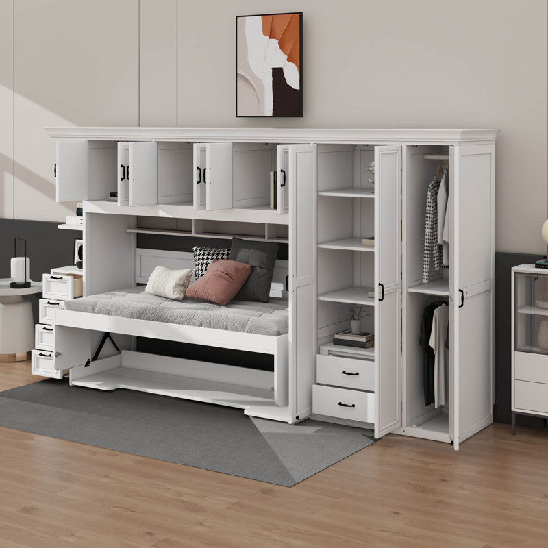 Lit escamotable simple avec armoire murale, armoire et bureau, Blanc