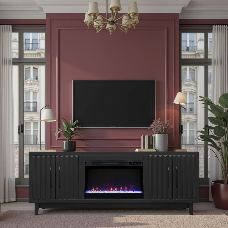 Meuble télé en bois massif 75 po avec foyer électrique pour téléviseur de 85 po ou moins Poularies, Oui, 29"H x 75"L x 17"W