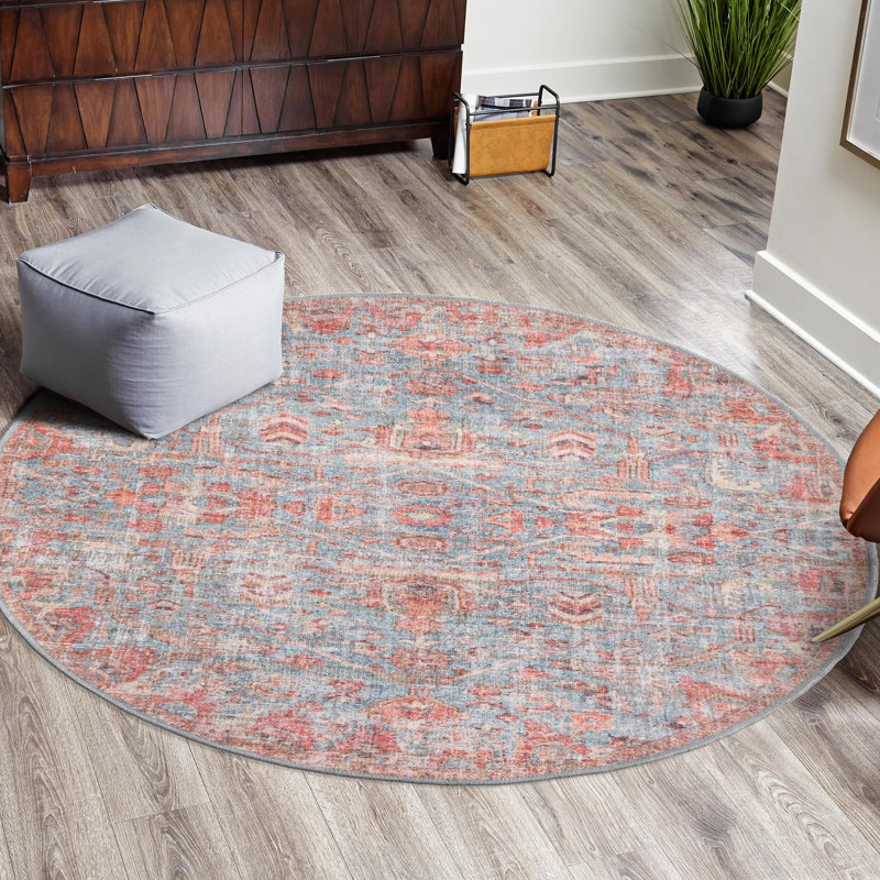 Tapis floral bleu / corail Guzik, Rond 7 pi 10 po