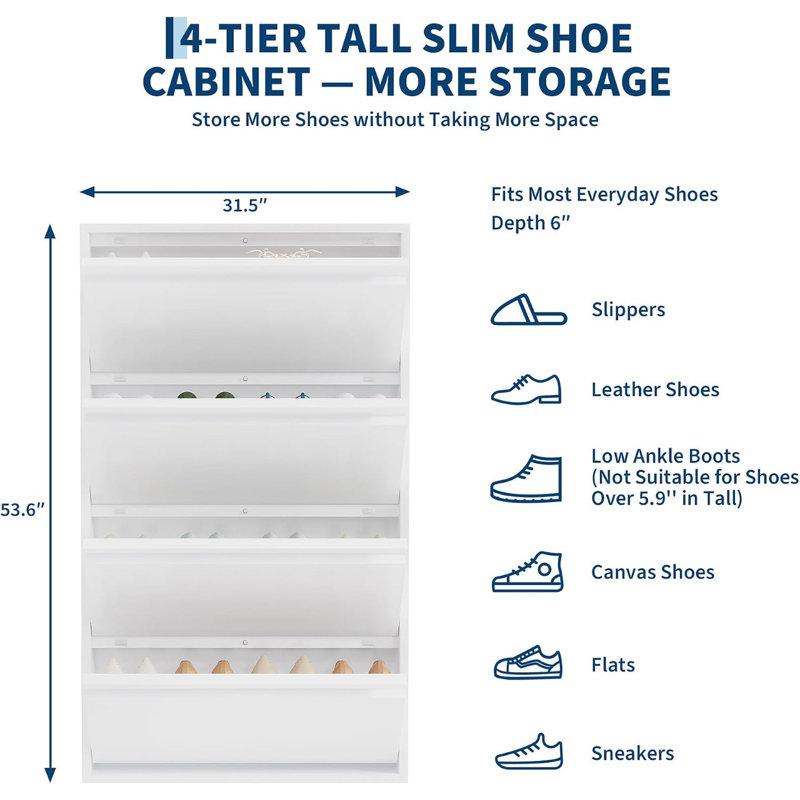 Armoire à chaussures ultra-mince en métal de 6 po de profondeur avec 4 tiroirs rabattables, à fixation murale ou sur pied, pour l'entrée