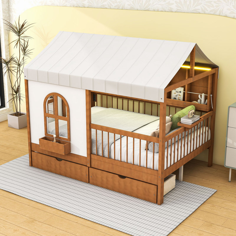 Lit double en bois avec tiroir à DEL, ports USB et tablettes, Noyer