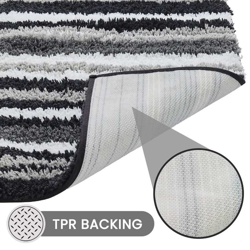 Griffie 100% Polyester Bath Rug Stripe Pattern with TPR Backing Machine Washable Soft & Absorbent Bathroom Rug, Grey