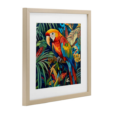 «Jungle Parrot Amid Leaves», reproduction encadrée sous verre, design par LSR Design Studio