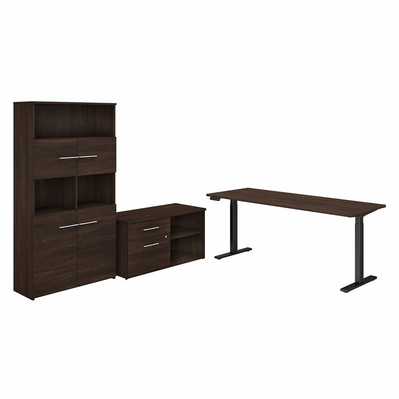 Bush Business Furniture Office 500 72W Height Adjustable Standing Desk with Storage and Bookcase, Black Walnut