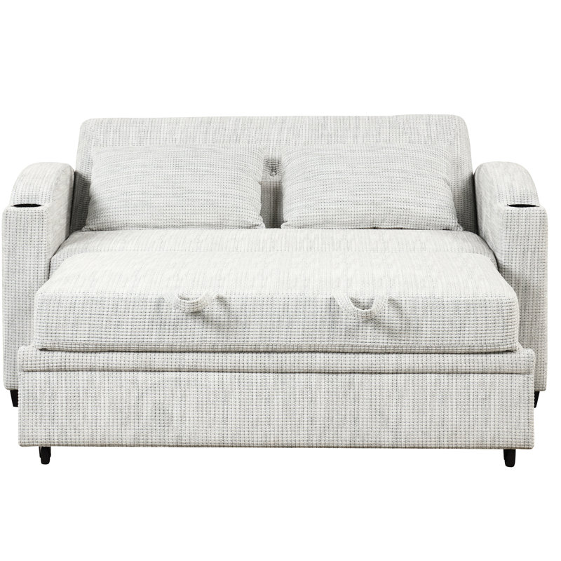 Lit en chenille moderne avec porte-gobelets ajustables, ports, 2 coussins, blanc gris pour les espaces de divertissement confortables