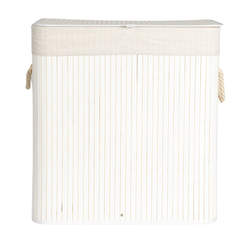 Bamboo Double Laundry Hamper with Rope Handles, Lid and Removable Machine Washable Laundry Bag, 39-Gallons, White