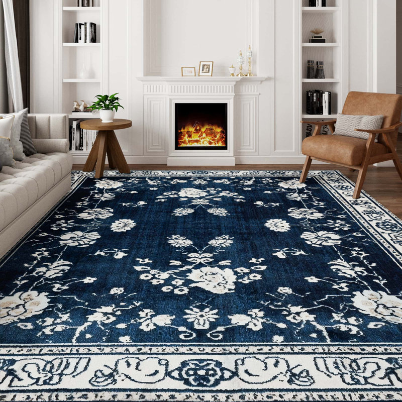 Non-Slip Floral Machine Washable Area Rug in Blue/Cream for Living Room, Bedroom, Hallway Runner Indoor Rugs