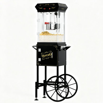 Machine à maïs soufflé classique noir avec chariot, capacité de 6 oz, acier inoxydable, cuillère à huile et casiers - style cinéma rétro pour un usage domestique ou commercial