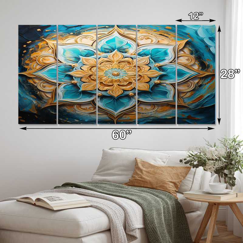 Divine Mandala en or rétro et turquoise I - impression sur toile Boho Mandala - 5 panneaux égaux