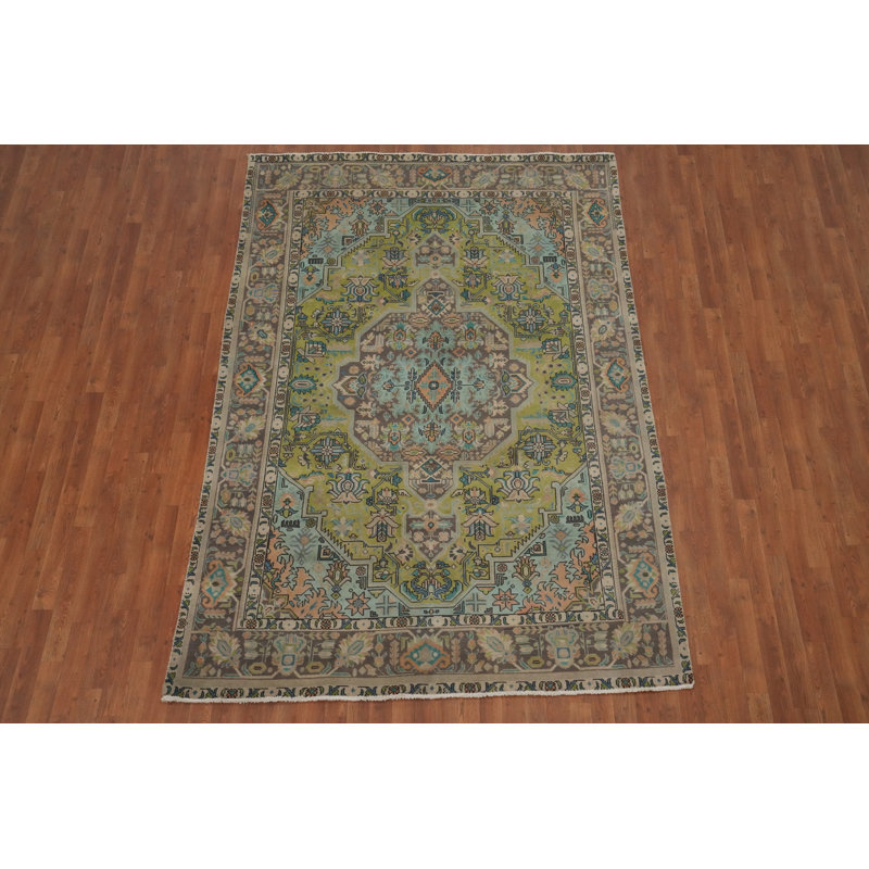 Tapis vert en laine à motif géométrique vert 6 x 9