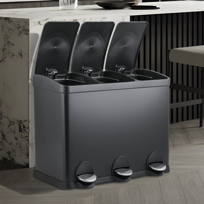 Poubelle 12 gallons en acier inoxydable avec 3 compartiments Pédales à fermeture en douceur et seaux intérieurs amovibles Bac de recyclage multi-compartiments pour cuisine
