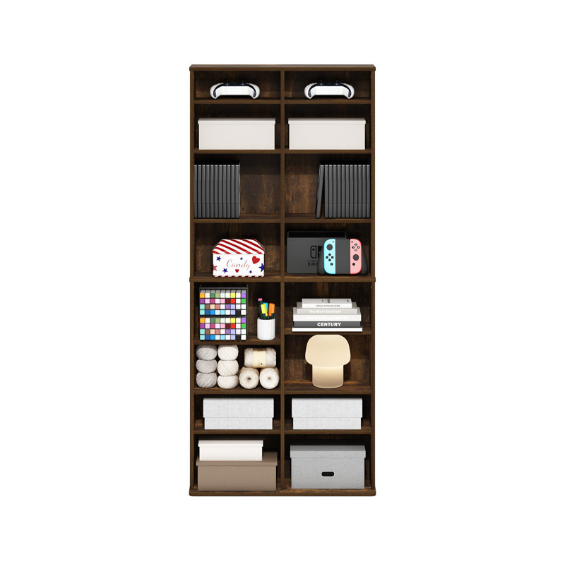 16-Shelf Multimedia Media Storage Tower Rack with Adjustable Shelves, Amber Pine